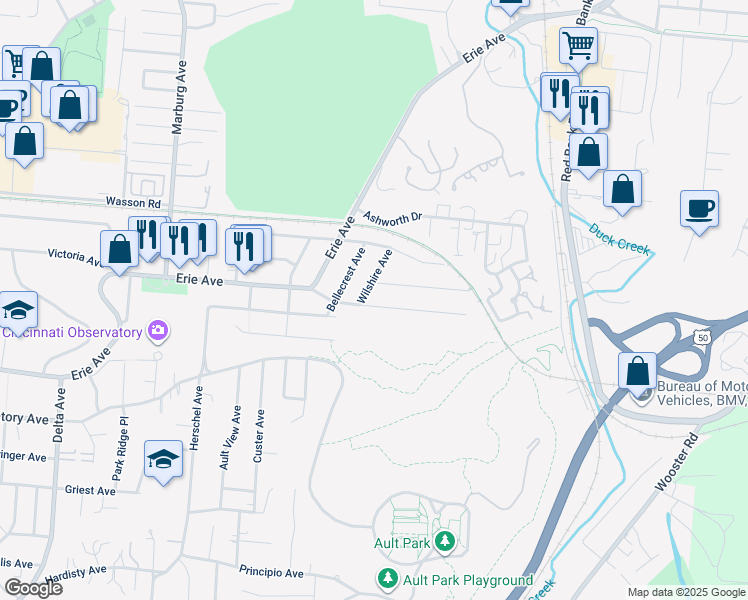 map of restaurants, bars, coffee shops, grocery stores, and more near 3714 Ault Park Avenue in Cincinnati
