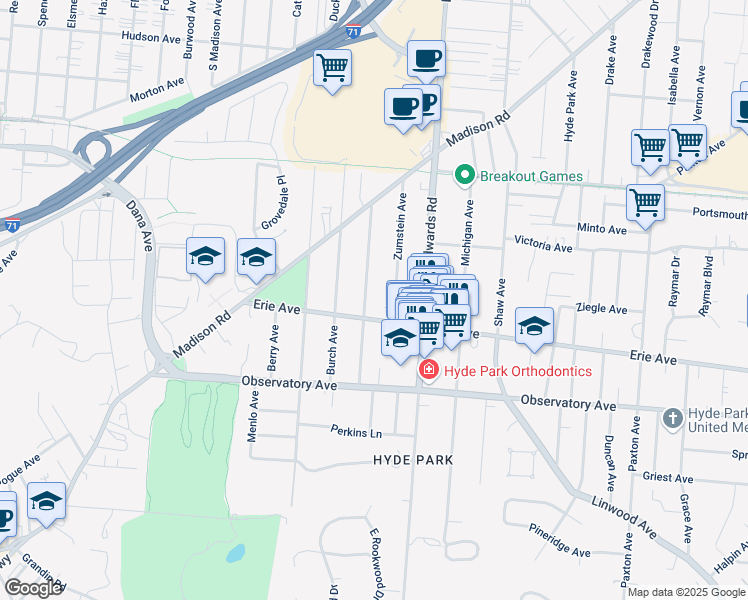 map of restaurants, bars, coffee shops, grocery stores, and more near 3526 Mooney Avenue in Cincinnati