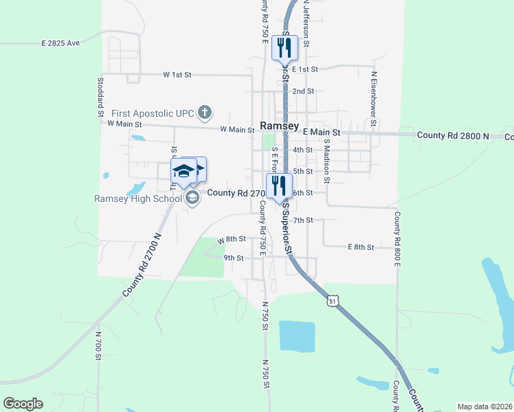 map of restaurants, bars, coffee shops, grocery stores, and more near 306 6th Street in Ramsey