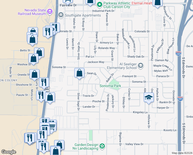map of restaurants, bars, coffee shops, grocery stores, and more near 2824 Gillis Way in Carson City