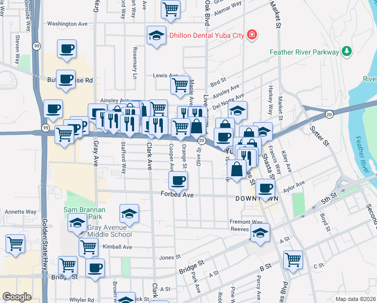 map of restaurants, bars, coffee shops, grocery stores, and more near 914 Orange Street in Yuba City
