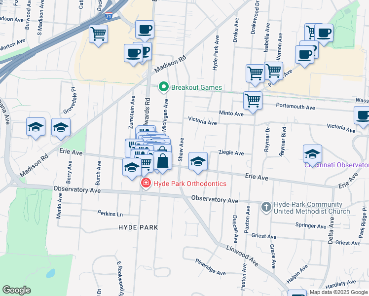 map of restaurants, bars, coffee shops, grocery stores, and more near 3550 Shaw Avenue in Cincinnati