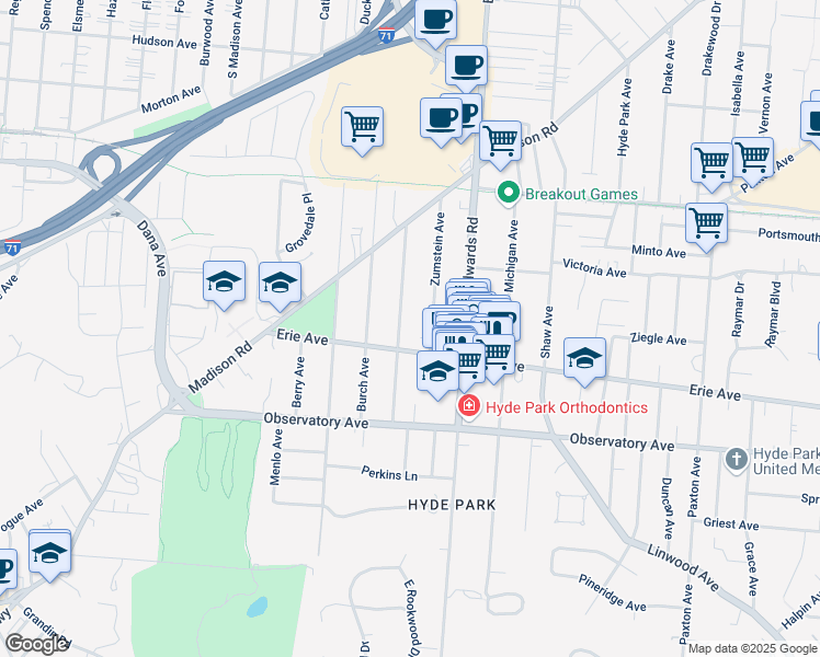 map of restaurants, bars, coffee shops, grocery stores, and more near 3526 Mooney Avenue in Cincinnati