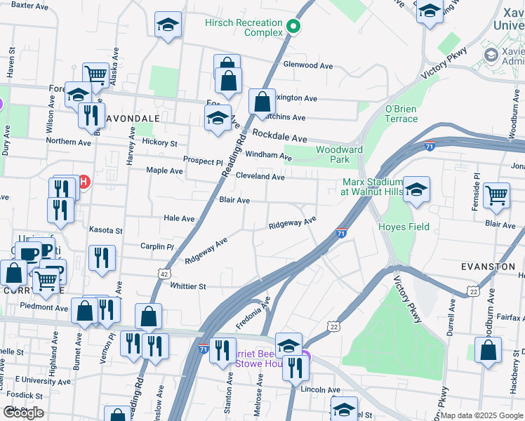 map of restaurants, bars, coffee shops, grocery stores, and more near 857 Blair Avenue in Cincinnati