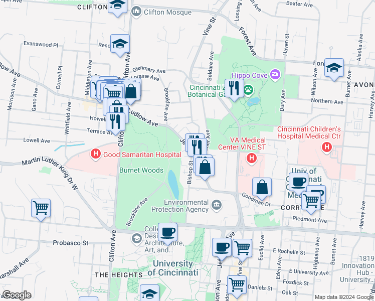 map of restaurants, bars, coffee shops, grocery stores, and more near 3300 Jefferson Avenue in Cincinnati