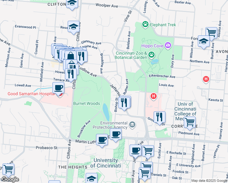 map of restaurants, bars, coffee shops, grocery stores, and more near 3317 Jefferson Avenue in Cincinnati