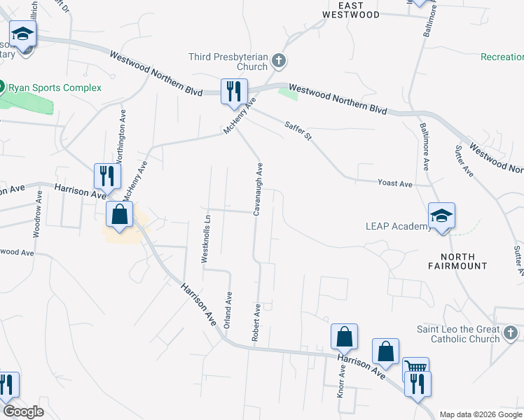 map of restaurants, bars, coffee shops, grocery stores, and more near 3115 Costello Avenue in Cincinnati