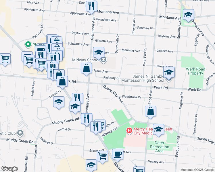 map of restaurants, bars, coffee shops, grocery stores, and more near 3244 Werk Road in Cincinnati