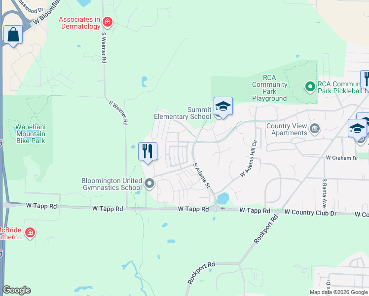 map of restaurants, bars, coffee shops, grocery stores, and more near 1720 West Eventide Drive in Bloomington