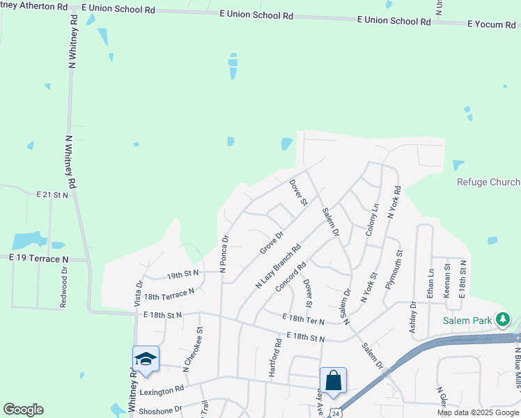 map of restaurants, bars, coffee shops, grocery stores, and more near 2107 North Ponca Drive in Independence