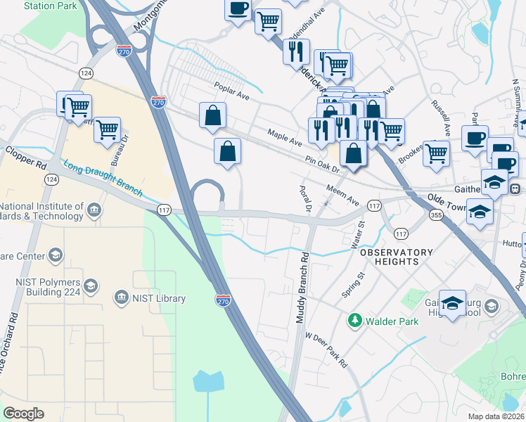 map of restaurants, bars, coffee shops, grocery stores, and more near 304 West Diamond Avenue in Gaithersburg