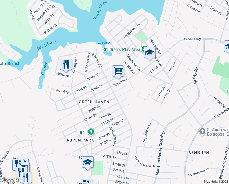 map of restaurants, bars, coffee shops, grocery stores, and more near 7817 East Shore Road in Pasadena