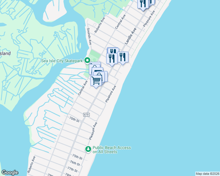 map of restaurants, bars, coffee shops, grocery stores, and more near 16 62nd Street in Sea Isle City