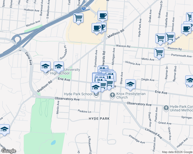 map of restaurants, bars, coffee shops, grocery stores, and more near 3526 Zumstein Avenue in Cincinnati