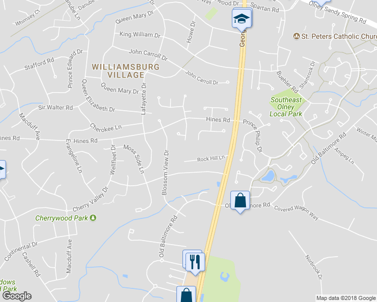 map of restaurants, bars, coffee shops, grocery stores, and more near 3609 Rock Hill Ln in Olney
