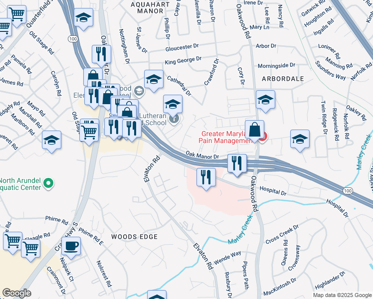 map of restaurants, bars, coffee shops, grocery stores, and more near 270 Oakwood Village Court in Glen Burnie