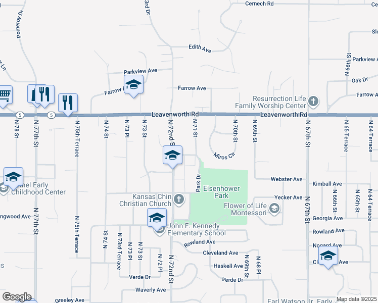 map of restaurants, bars, coffee shops, grocery stores, and more near 7112 Roswell Avenue in Kansas City