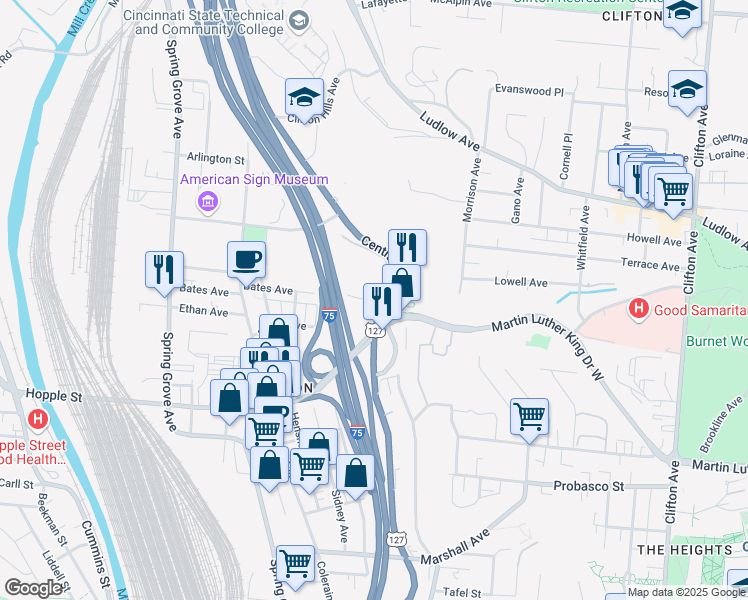 map of restaurants, bars, coffee shops, grocery stores, and more near 1115 Bates Avenue in Cincinnati