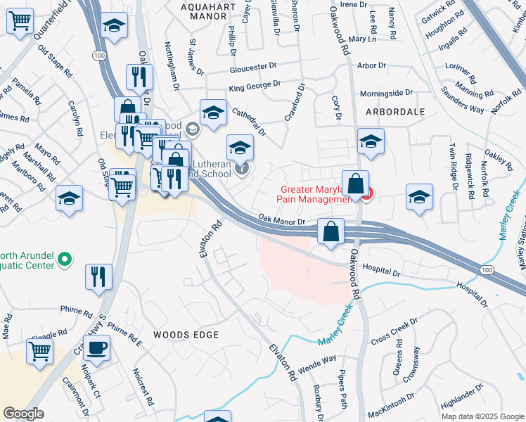 map of restaurants, bars, coffee shops, grocery stores, and more near 270 Oakwood Village Court in Glen Burnie