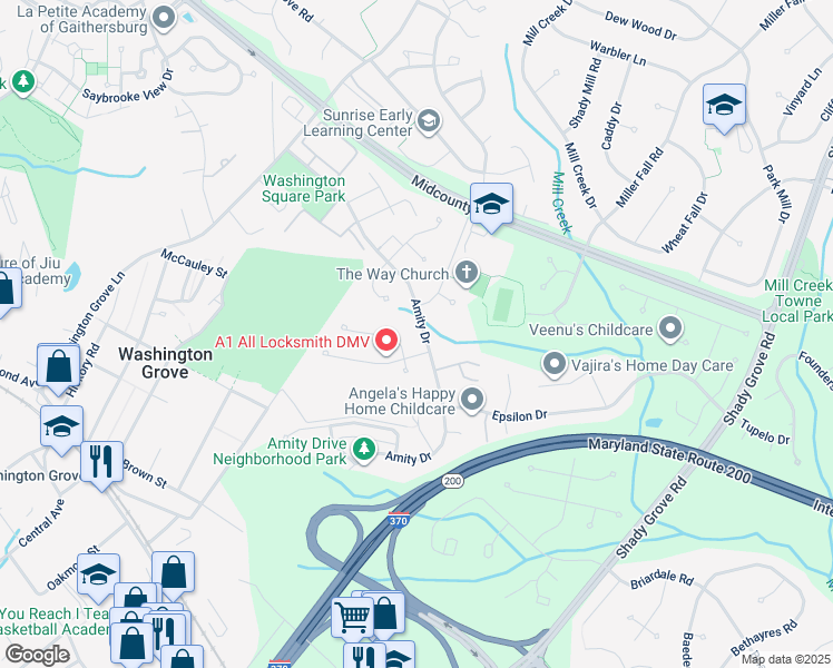 map of restaurants, bars, coffee shops, grocery stores, and more near 17308 Amity Drive in Gaithersburg