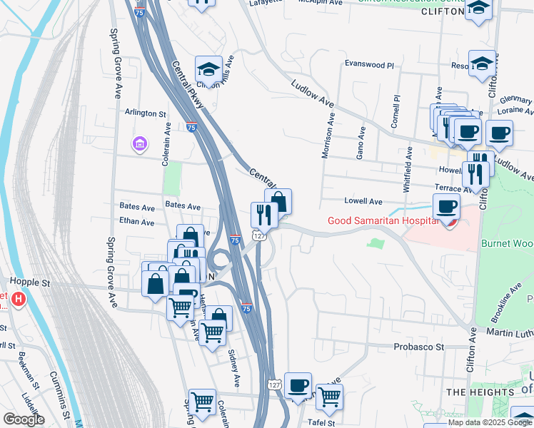 map of restaurants, bars, coffee shops, grocery stores, and more near 3227 Central Parkway in Cincinnati
