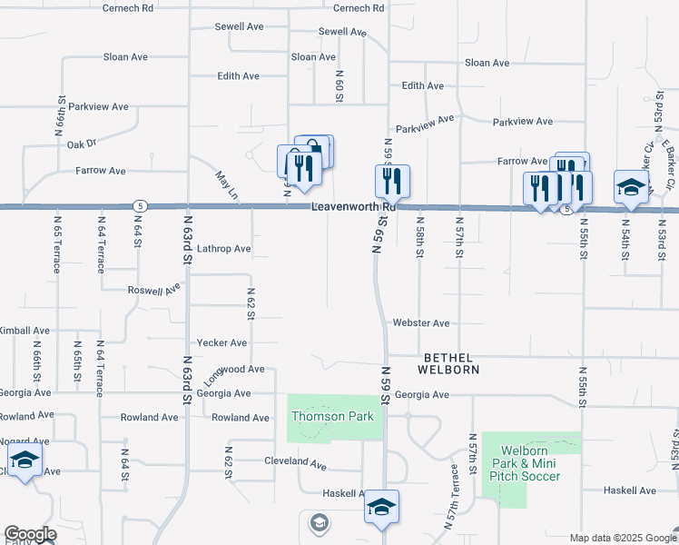 map of restaurants, bars, coffee shops, grocery stores, and more near 2951 North 60 Street in Kansas City