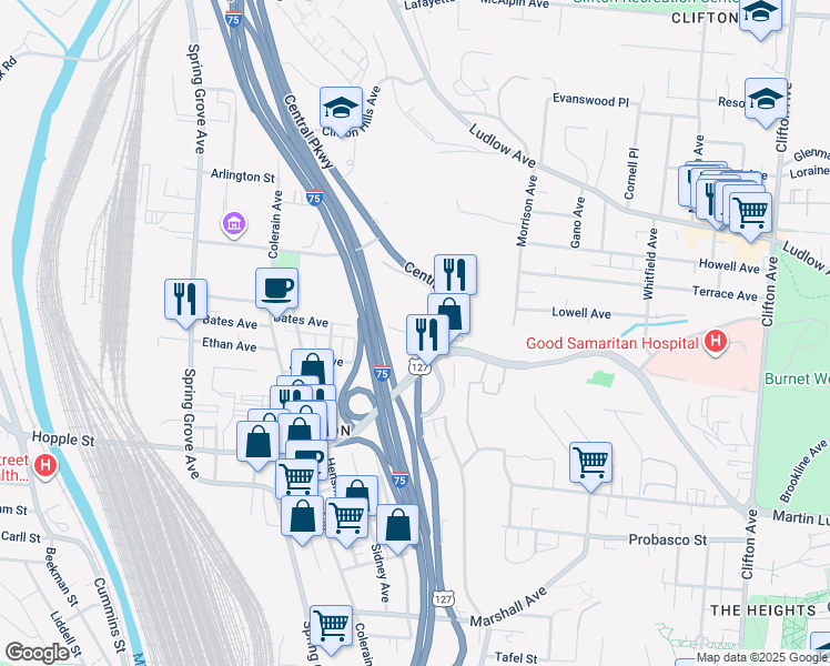 map of restaurants, bars, coffee shops, grocery stores, and more near 1115 Bates Avenue in Cincinnati