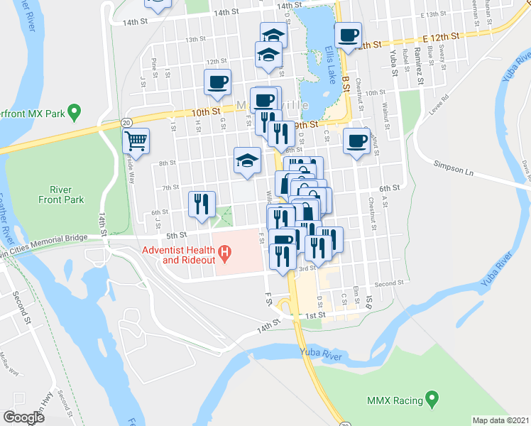 map of restaurants, bars, coffee shops, grocery stores, and more near 520 6th Street in Marysville