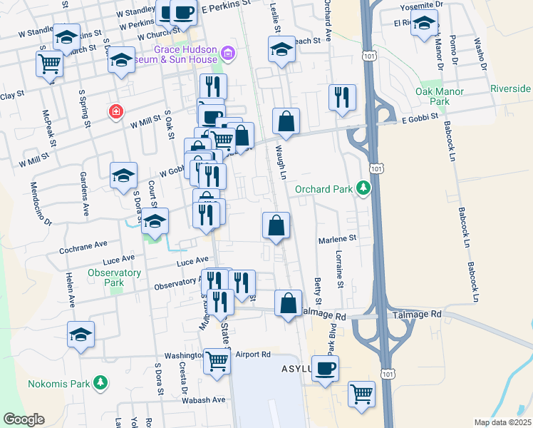map of restaurants, bars, coffee shops, grocery stores, and more near 771 Apple Avenue in Ukiah