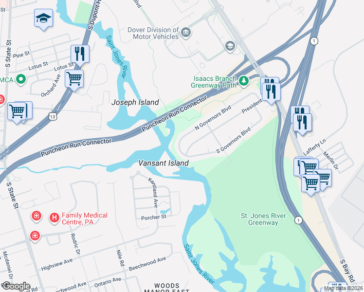 map of restaurants, bars, coffee shops, grocery stores, and more near 246 South Governors Boulevard in Dover