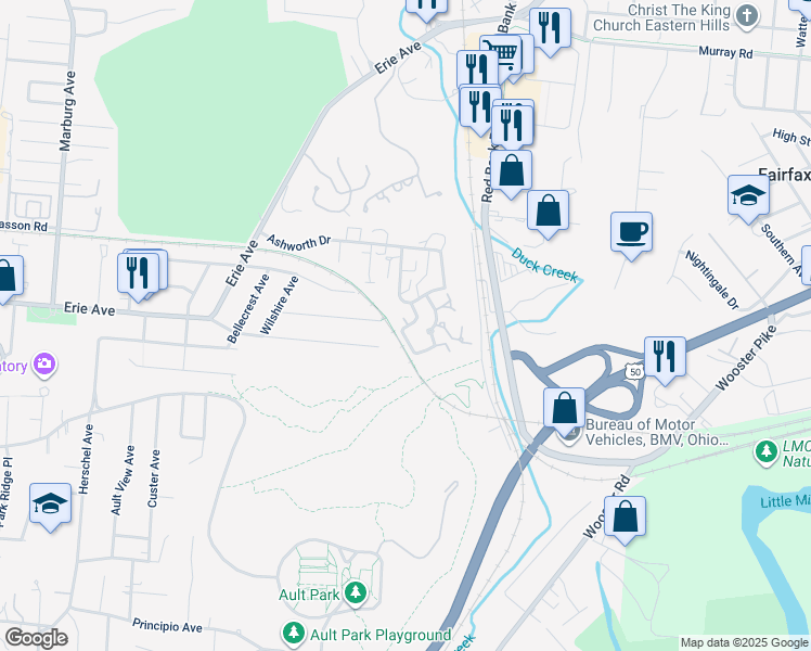 map of restaurants, bars, coffee shops, grocery stores, and more near 3649 Traskwood Circle in Cincinnati