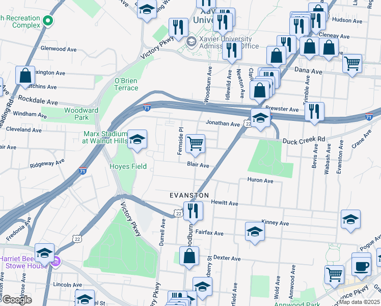 map of restaurants, bars, coffee shops, grocery stores, and more near 3426 Woodburn Avenue in Cincinnati