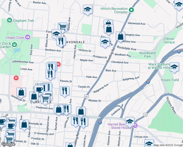 map of restaurants, bars, coffee shops, grocery stores, and more near 565 Blair Avenue in Cincinnati