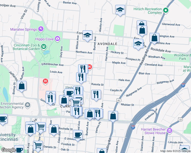 map of restaurants, bars, coffee shops, grocery stores, and more near 410 Catherine Street in Cincinnati