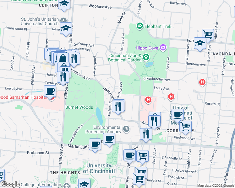 map of restaurants, bars, coffee shops, grocery stores, and more near 3300 Jefferson Avenue in Cincinnati