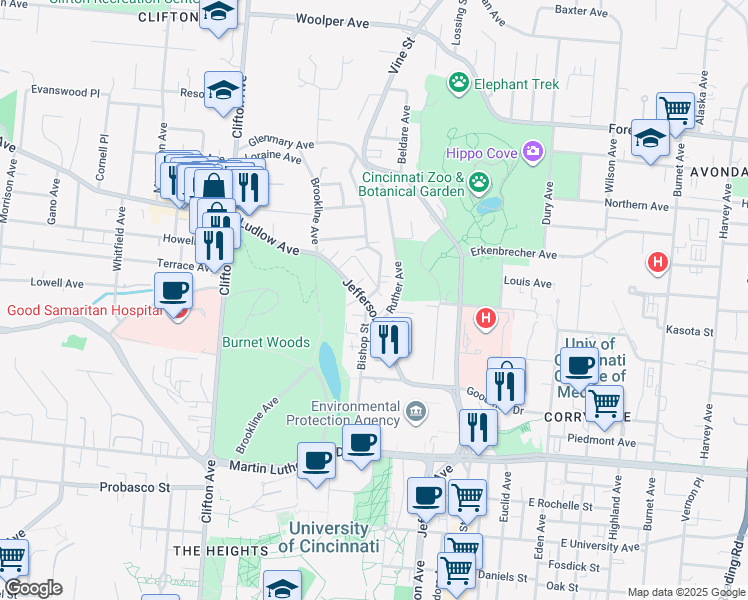 map of restaurants, bars, coffee shops, grocery stores, and more near 3300 Jefferson Avenue in Cincinnati
