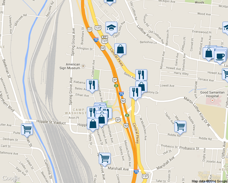 map of restaurants, bars, coffee shops, grocery stores, and more near 1160 Bates Avenue in Cincinnati