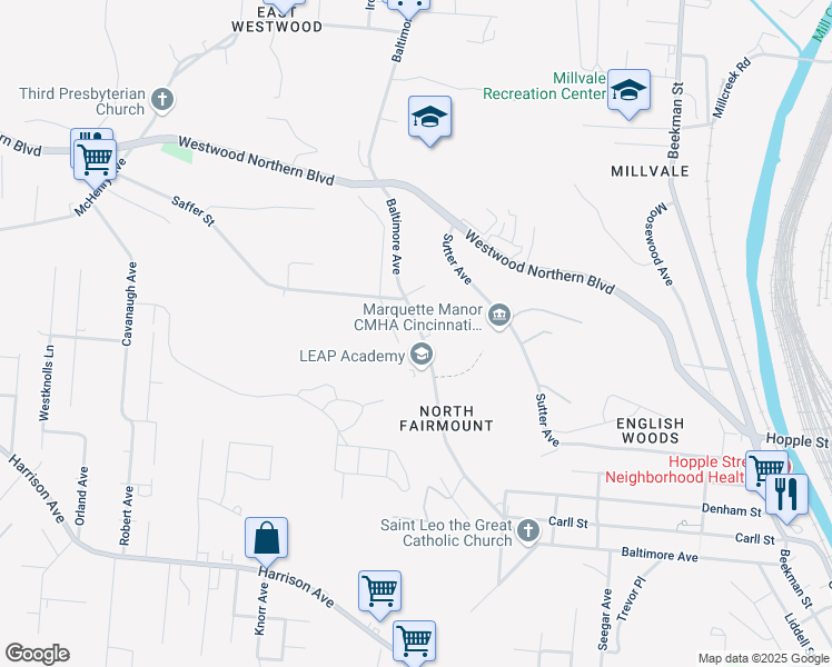 map of restaurants, bars, coffee shops, grocery stores, and more near 2026 Baltimore Avenue in Cincinnati
