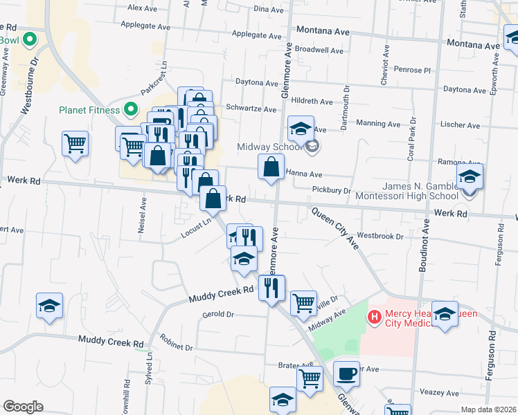 map of restaurants, bars, coffee shops, grocery stores, and more near 3331 Werk Road in Cincinnati