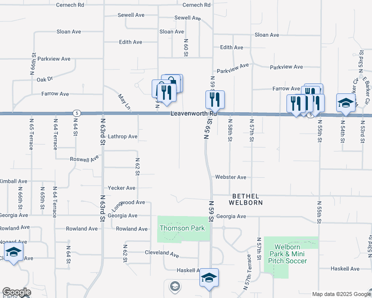 map of restaurants, bars, coffee shops, grocery stores, and more near 2951 North 60 Street in Kansas City