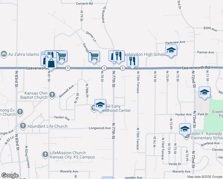 map of restaurants, bars, coffee shops, grocery stores, and more near 2957 North 78 Street in Kansas City