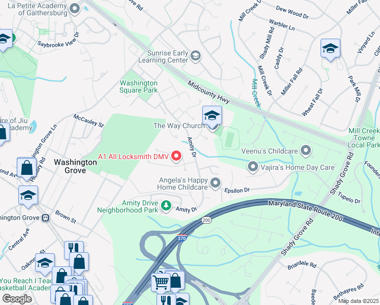 map of restaurants, bars, coffee shops, grocery stores, and more near 17308 Amity Drive in Gaithersburg
