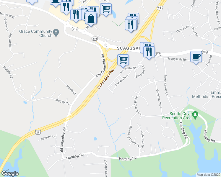 map of restaurants, bars, coffee shops, grocery stores, and more near 8523 Ice Crystal Drive in Laurel
