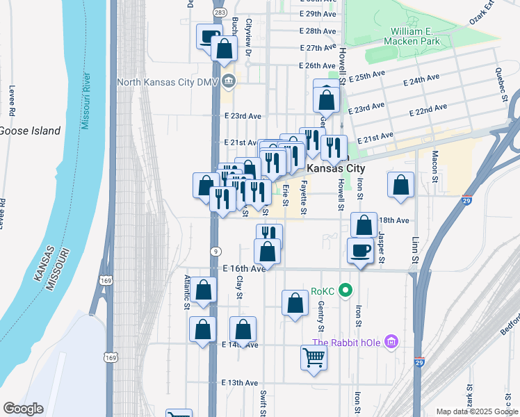map of restaurants, bars, coffee shops, grocery stores, and more near 1901 Clay Street in North Kansas City