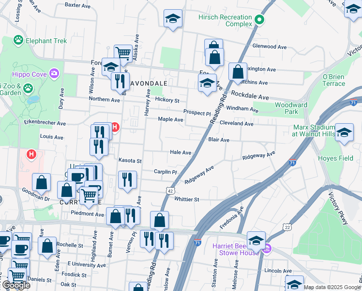 map of restaurants, bars, coffee shops, grocery stores, and more near 565 Blair Avenue in Cincinnati