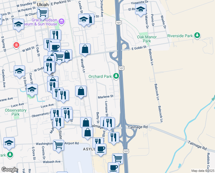 map of restaurants, bars, coffee shops, grocery stores, and more near 52 Lorraine Street in Ukiah