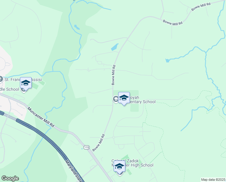 map of restaurants, bars, coffee shops, grocery stores, and more near 17431 Bowie Mill Road in Derwood