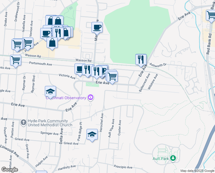 map of restaurants, bars, coffee shops, grocery stores, and more near 3417 Erie Avenue in Cincinnati