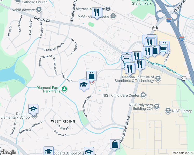 map of restaurants, bars, coffee shops, grocery stores, and more near Quince Orchard Blvd & Rabbitt Rd in Gaithersburg