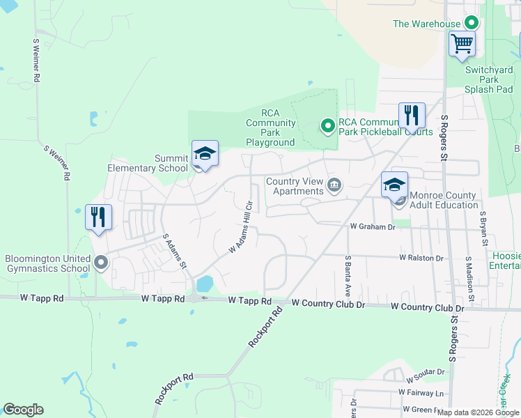 map of restaurants, bars, coffee shops, grocery stores, and more near 2435 South Woolery Mill Drive in Bloomington